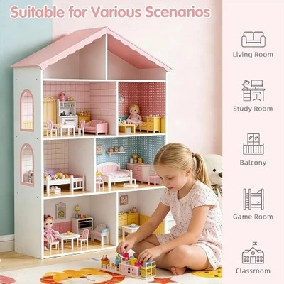 Wooden Dollhouse Bookshelf For Kids MDF Kids Bookcase
